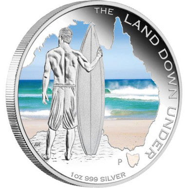 2013 $1 The Land Down Under Surfing 1oz Silver Coloured Proof Coin