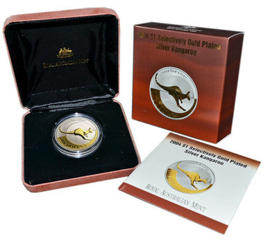 2004 $1 Australian Kangaroo Selectively Gold Plated 1oz Silver Coin
