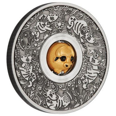 Tuvalu 2021 $1 Year of The Ox Rotating Charm 1oz Silver Antiqued Coin