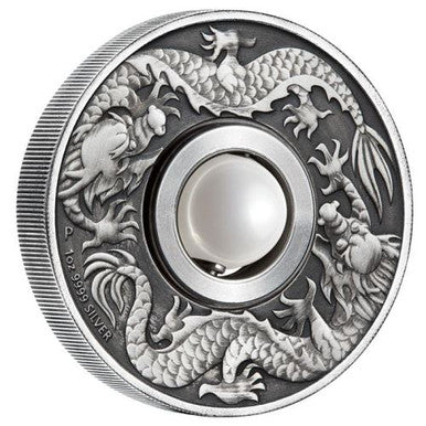 Tuvalu 2017 $1 Dragon & Pearl 1oz Silver Rotating Antiqued Coin