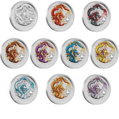 2012 $1 Lunar Year of The Dragon 1oz Silver 10 Coin Set