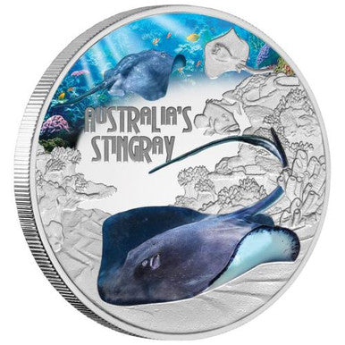 Tuvalu 2021 $1 Deadly and Dangerous Stingray 1oz Silver Coloured Proof Coin