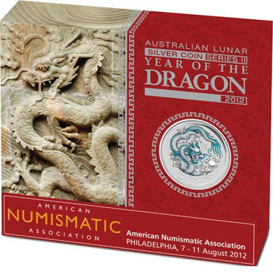 2012 $1 American Numismatic Association Philadelphia Lunar Year of The Dragon 1oz Silver Coloured Coin