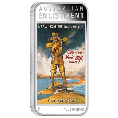 2014 $1 Australian Posters of World War I Enlistment 1oz Silver Coloured Proof Rectangle Shaped Coin