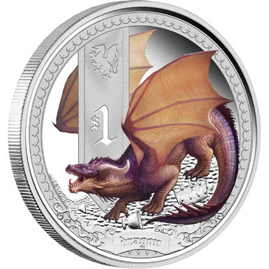 Tuvalu 2014 $1 Mythical Creatures Dragon 1oz Silver Coloured Proof Coin