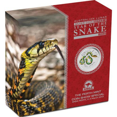 2013 $2 ANDA Perth Show Lunar Snake 2oz Silver Coloured Proof Coin
