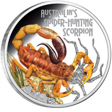 Tuvalu 2014 $1 Deadly and Dangerous Spider Hunting Scorpion 1oz Silver Coloured Proof Coin