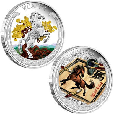 Tuvalu 2014 $1 Lunar Good Fortune Year of The Horse Wealth & Wisdom 1oz Silver Proof 2 Coin Set