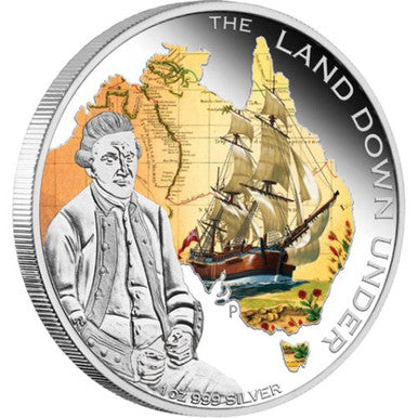 2013 $1 The Land Down Under Captain James Cook 1oz Silver Coloured Proof Coin