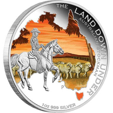 2014 $1 The Land Down Under Australian Stockman 1oz Silver Coloured Proof Coin
