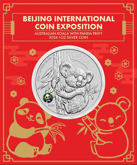 2024 $1 Beijing International Australian Koala with Panda Privy Mark 1oz Silver Uncirculated Coin