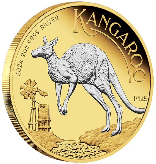 2024 $2 Australian Kangaroo 2oz Silver Reverse Gilded Coin