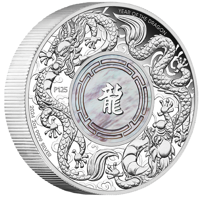 2024 $2 Double Dragon Mother of Pearl 2oz Silver Proof Coin