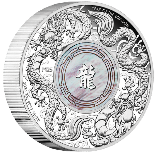 2024 $2 Double Dragon Mother of Pearl 2oz Silver Proof Coin