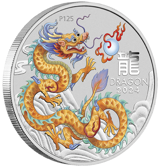2024 $1 ANA Chicago Lunar Year of The Dragon Golden Dragon 1oz Silver Coloured Uncirculated Coin