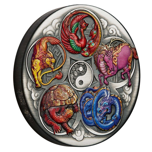 Tuvalu 2024 $5 Five Auspicious Creatures 5oz Silver Coloured Antiqued Coin