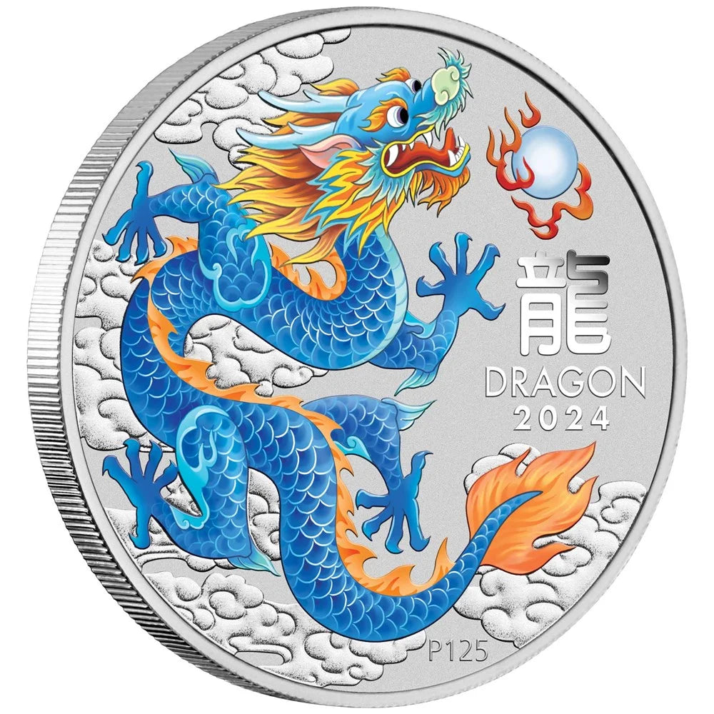 2024 $1 Perth Stamp & Coin Show Lunar Year of The Dragon Blue Dragon 1oz Silver Coloured Uncirculated Coin