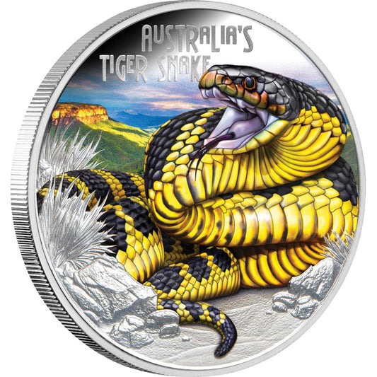 Tuvalu 2025 $1 Deadly and Dangerous Tiger Snake 1oz Silver Coloured Proof Coin