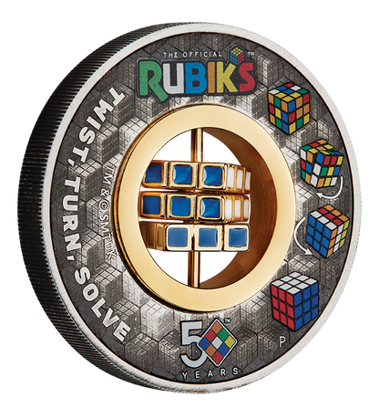 Tuvalu 2024 $2 Rubik’s Cube 50th Anniversary Selectively Gold Plated 2oz Silver Coloured Rotating Charm Antiqued Coin