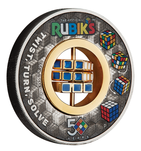 Tuvalu 2024 $2 Rubik’s Cube 50th Anniversary Selectively Gold Plated 2oz Silver Coloured Rotating Charm Antiqued Coin