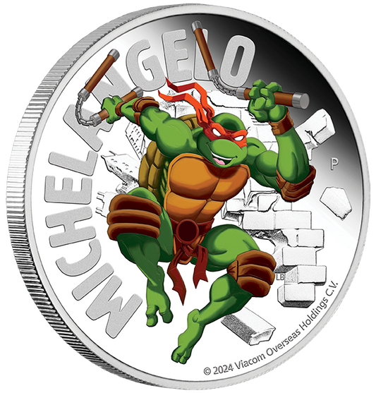 Tuvalu 2024 $1 Teenage Mutant Ninja Turtles Michelangelo 1oz Silver Coloured Proof Coin