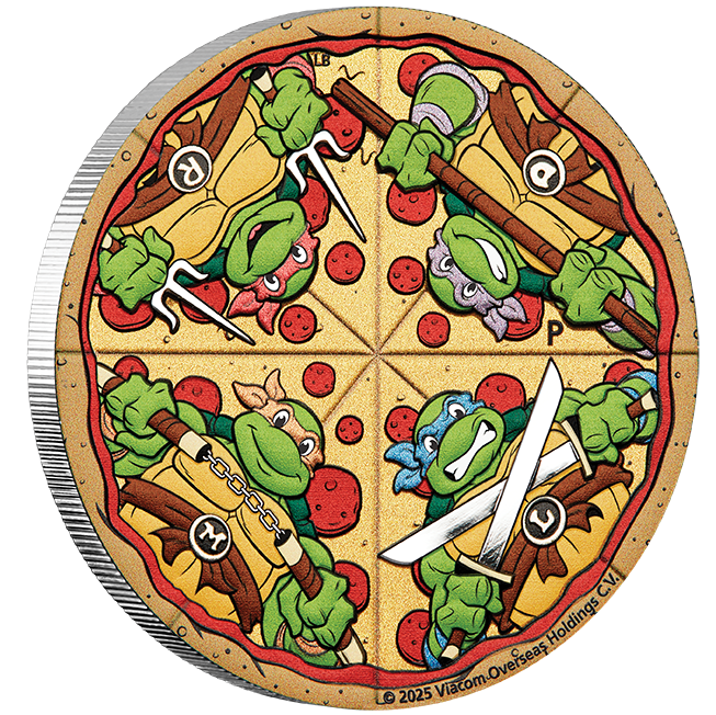 Tuvalu 2025 $2 Teenage Mutant Ninja Turtles 2oz Silver Coloured Pizza Coin