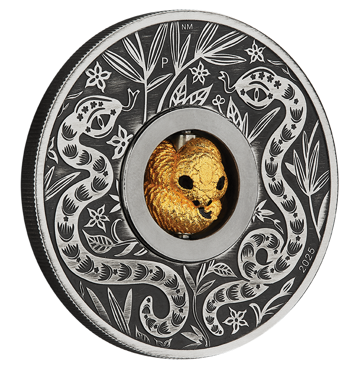 Tuvalu 2025 $1 Lunar Year of The Snake Rotating Charm 1oz Silver Antiqued Coin