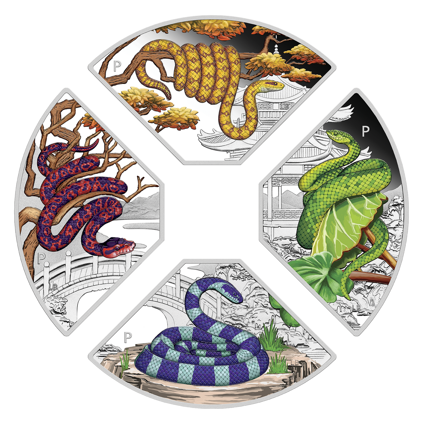 Tuvalu 2025 $1 Lunar Year of The Snake 1oz Silver Coloured Proof 4 Coin Quadrant Set