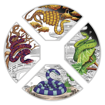 Tuvalu 2025 $1 Lunar Year of The Snake 1oz Silver Coloured Proof 4 Coin Quadrant Set
