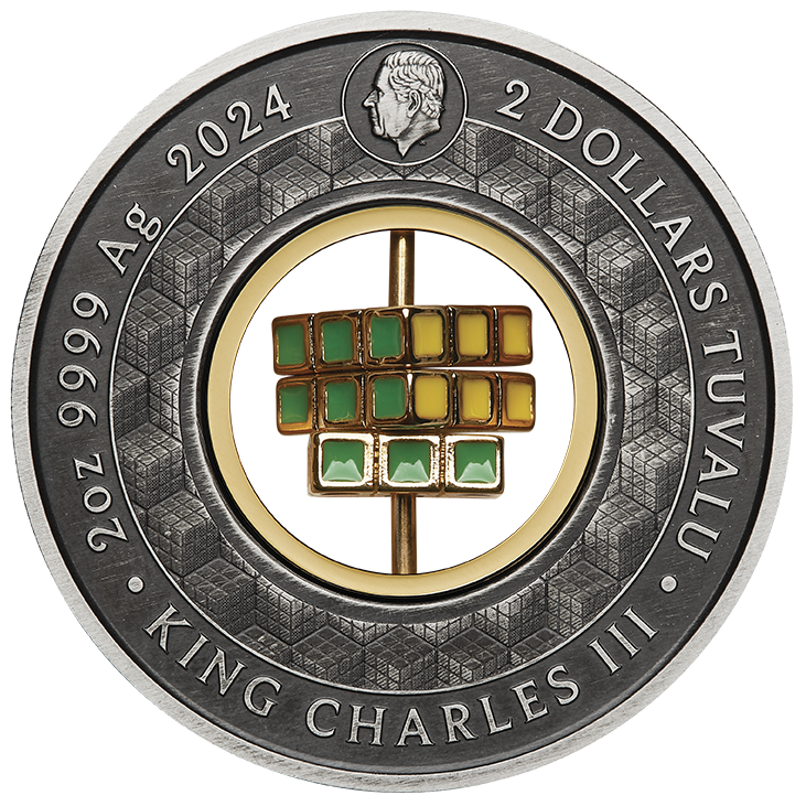 Tuvalu 2024 $2 Rubik’s Cube 50th Anniversary Selectively Gold Plated 2oz Silver Coloured Rotating Charm Antiqued Coin