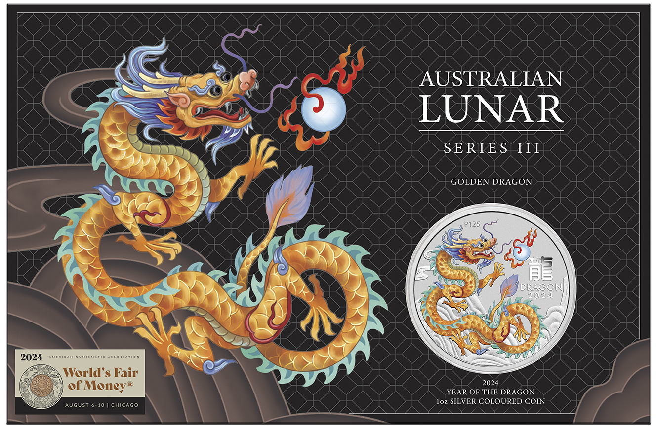 2024 $1 ANA Chicago Lunar Year of The Dragon Golden Dragon 1oz Silver Coloured Uncirculated Coin