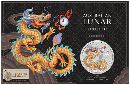 2024 $1 ANA Chicago Lunar Year of The Dragon Golden Dragon 1oz Silver Coloured Uncirculated Coin