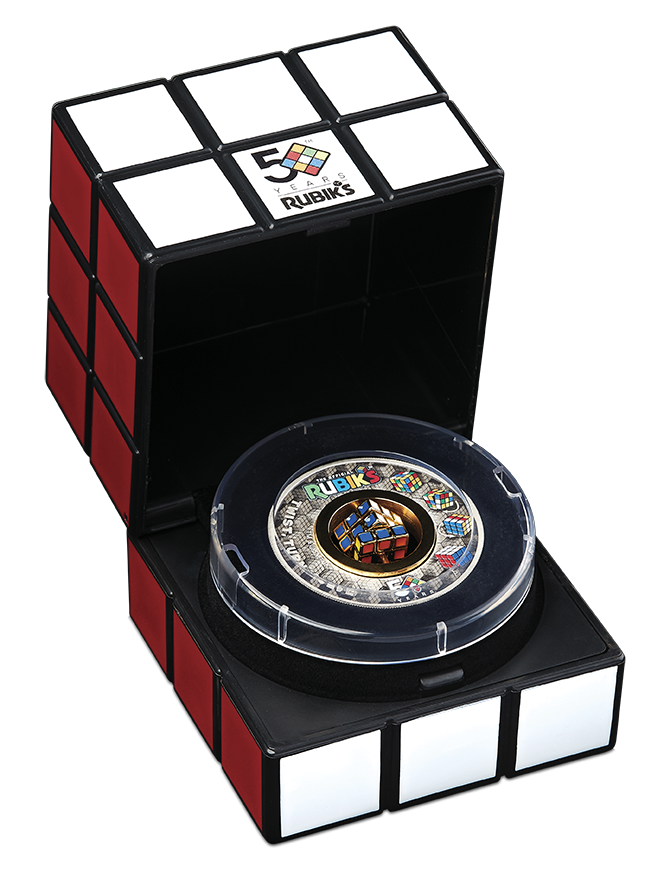 Tuvalu 2024 $2 Rubik’s Cube 50th Anniversary Selectively Gold Plated 2oz Silver Coloured Rotating Charm Antiqued Coin