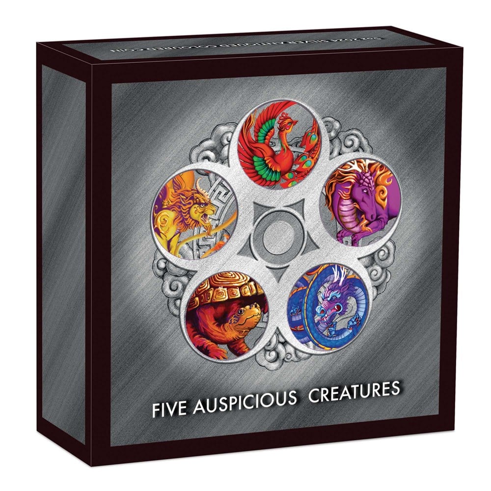 Tuvalu 2024 $5 Five Auspicious Creatures 5oz Silver Coloured Antiqued Coin
