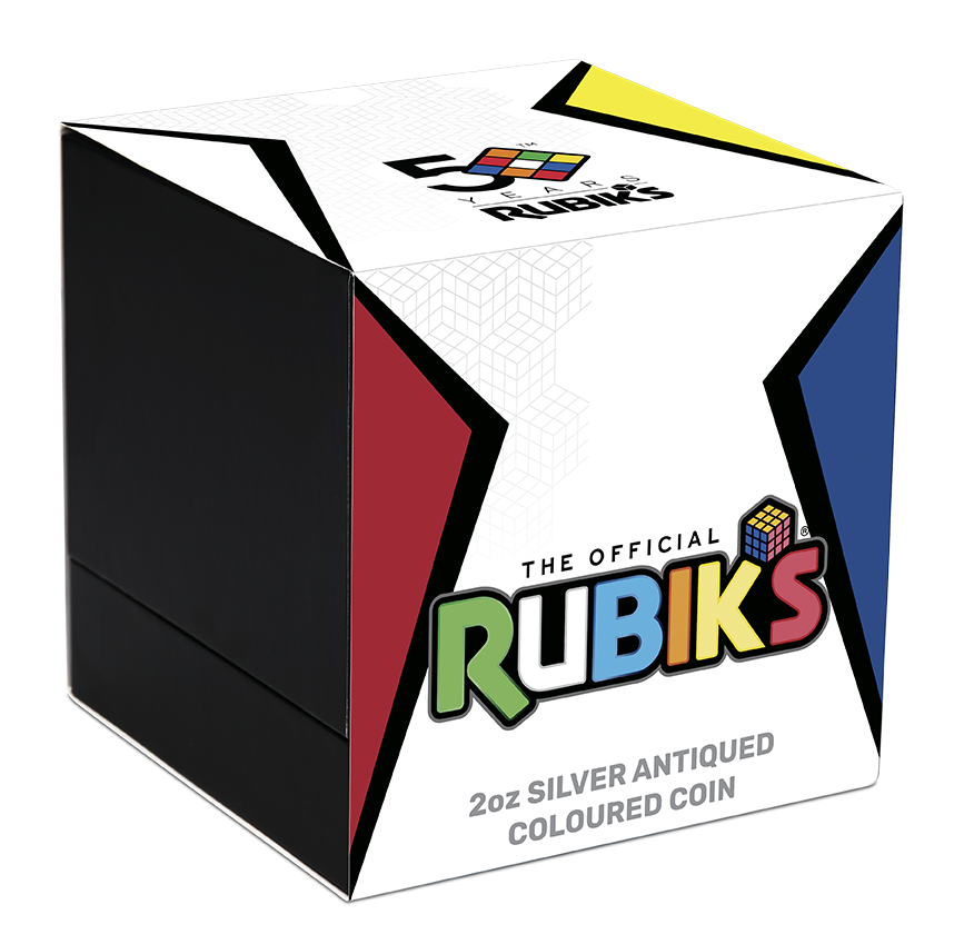 Tuvalu 2024 $2 Rubik’s Cube 50th Anniversary Selectively Gold Plated 2oz Silver Coloured Rotating Charm Antiqued Coin