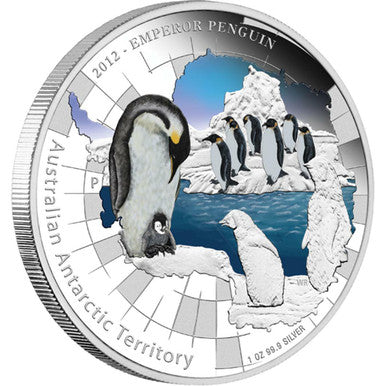 2012 $1 Australian Antarctic Territory Emperor Penguin 1oz Silver Coloured Proof Coin