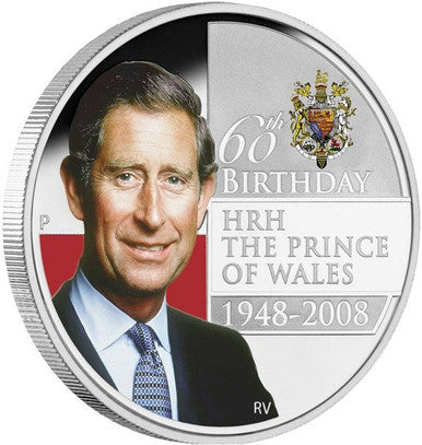 2008 $1 H.R.H. The Prince of Wales 60th Birthday 1oz Silver Coloured Proof Coin