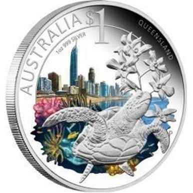 2010 $1 ANDA Brisbane Coin Show Special Celebrate Australia Queensland 1oz Silver Coloured Proof Coin