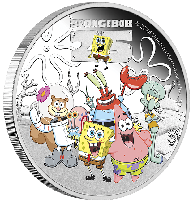 Tuvalu 2024 $1 25 Years of Spongebob Squarepants and Friends 1oz Silver Coloured Proof Coin