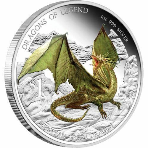 Tuvalu 2013 $1 Dragons of Legends European Green Dragon 1oz Silver Coloured Proof Coin
