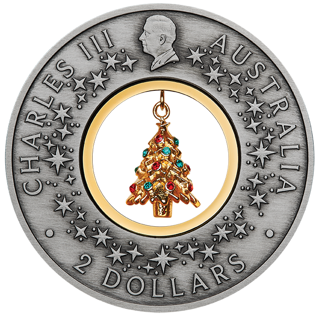 2025 $2 Santa's Workshop with Gold Plated Christmas Tree Charm 2oz Silver Antiqued Coin