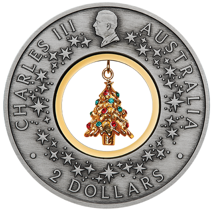 2025 $2 Santa's Workshop with Gold Plated Christmas Tree Charm 2oz Silver Antiqued Coin