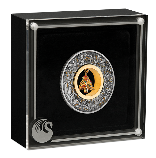 2025 $2 Santa's Workshop with Gold Plated Christmas Tree Charm 2oz Silver Antiqued Coin