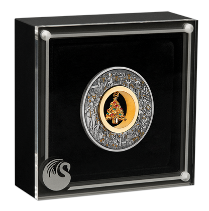 2025 $2 Santa's Workshop with Gold Plated Christmas Tree Charm 2oz Silver Antiqued Coin