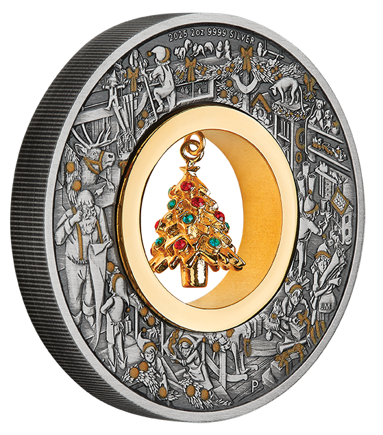 2025 $2 Santa's Workshop with Gold Plated Christmas Tree Charm 2oz Silver Antiqued Coin