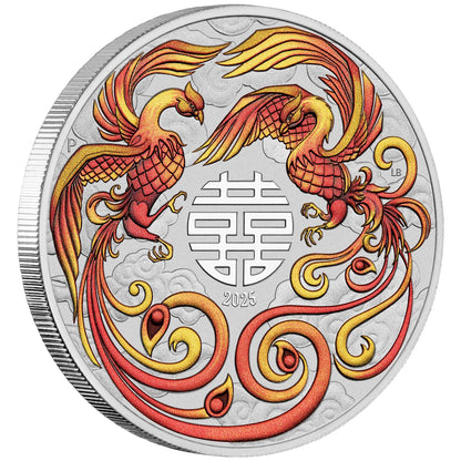 2025 $1 Chinese Myths and Legends Double Phoenix 1oz Silver Fire Coloured Coin