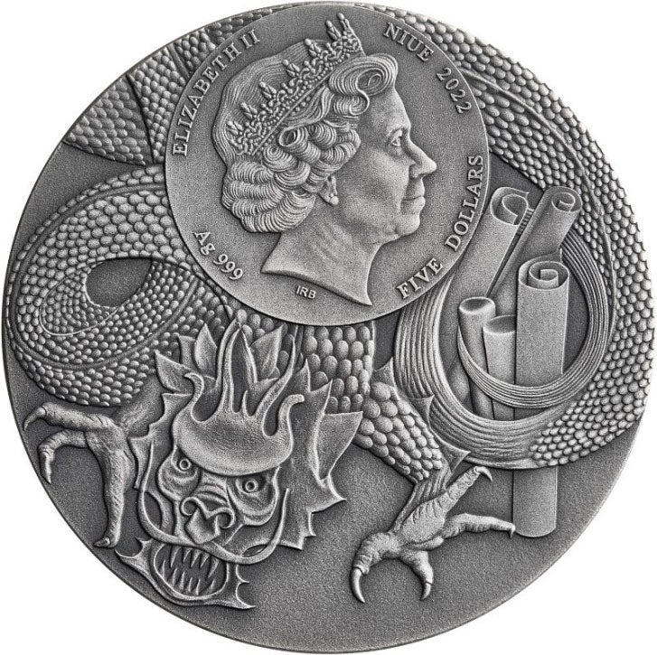 Niue 2022 $5 Chinese Heroes Bao Zheng 2oz Silver Coloured Antiqued Coin
