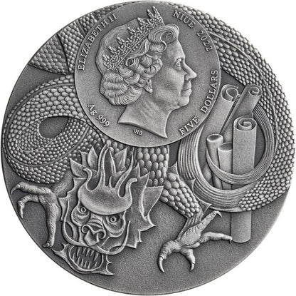 Niue 2022 $5 Chinese Heroes Bao Zheng 2oz Silver Coloured Antiqued Coin