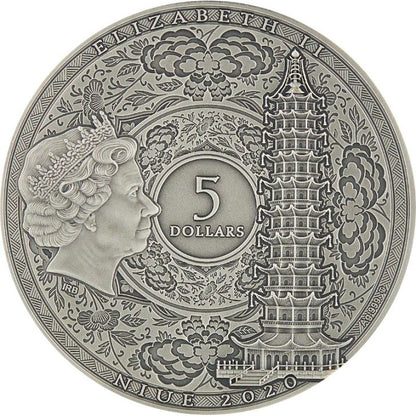 Niue 2020 $5 Famous Explorers Zheng He 2oz Silver with Porcelain Insert Antiqued Coin