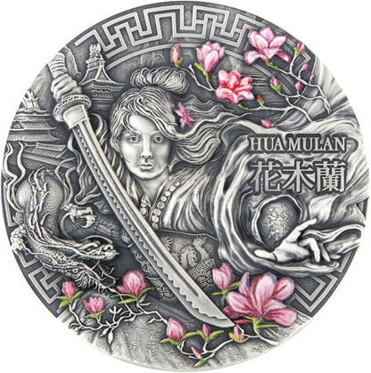Niue 2021 $5 Heroines Hua Mulan 2oz Silver Coloured Antiqued Coin